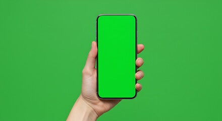 A hand holds a modern smartphone with a green screen for easy keying purposes