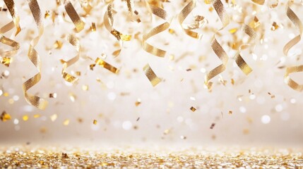 Gold confetti falling on glitter background
