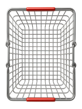 Empty metal shopping basket from overhead view.