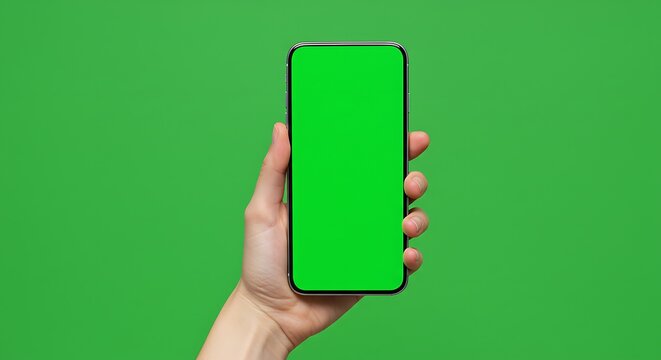 A hand holds a modern smartphone with a green screen for easy keying purposes - Powered by Adobe