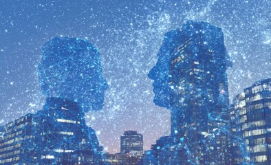 Silhouettes of two figures, overlaid with network patterns, against a cityscape at night
