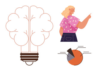 Woman gesturing towards concept illustration with brain-shaped lightbulb and segmented pie chart. Ideal for creativity, data analysis, innovation, teamwork, presentation, brainstorming, success