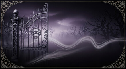 Dramatic Gothic Gate with Skull and Misty Forest Digital Art Illustration