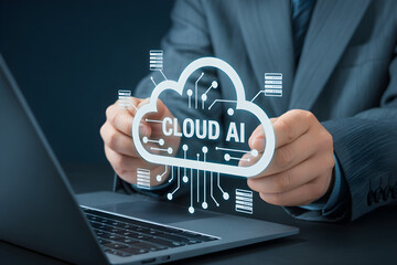 Person holding futuristic cloud AI interface, symbolizing digital transformation and innovation