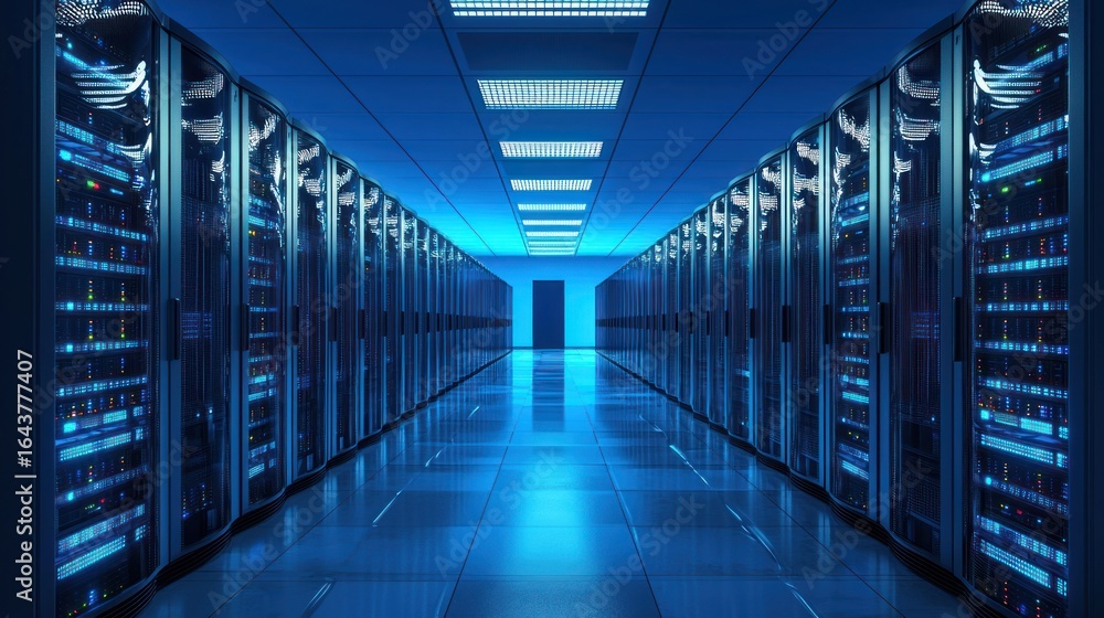 Poster a long hallway with server racks in a data center. the concept of technology and data storage.