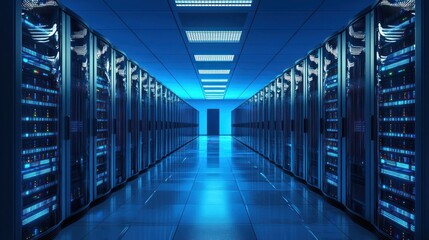 A long hallway with server racks in a data center. The concept of technology and data storage.