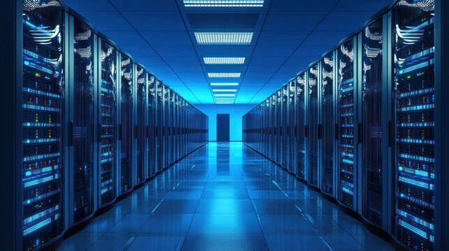 A long hallway with server racks in a data center. The concept of technology and data storage.