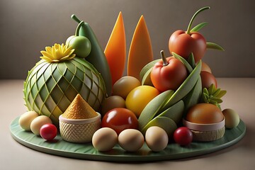 Artistic arrangement of fresh fruits and vegetables in a decorative display