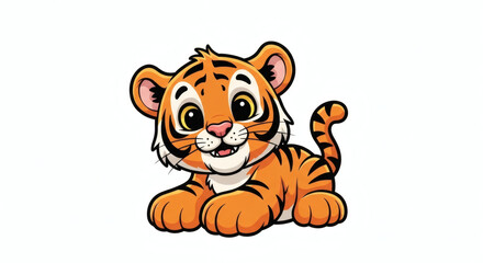 Cartoon Style Playful Cute Tiger Cub Lying Down Illustration