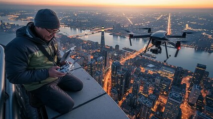 Male drone operator programs drone as city lights illuminate skyline at dusk while controlling joystick from rooftop.