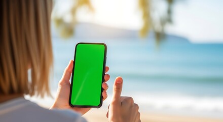 Woman holding a smartphone with a green screen on a beautiful beach
