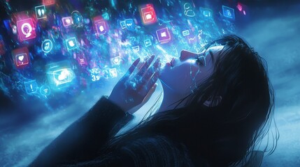 Obraz premium Woman Surrounded by Floating Digital Icons in Futuristic Atmosphere