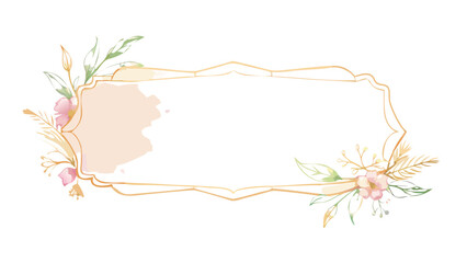 Watercolor floral frame with flowers leaves and gold border for wedding invitation and greeting card design