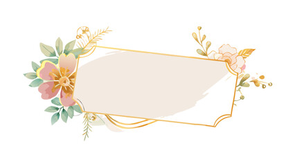 Watercolor floral frame with flower leaves and gold border for invitation card and wedding decoration art 100