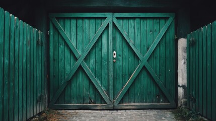 Rustic weathered green wooden barn door with chipped paint and exposed aged wood texture, rural charm, straighton view, medium shot with copy space on the left
