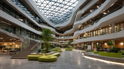 Modern, open-plan office atrium with curved walls, glass, and greenery
