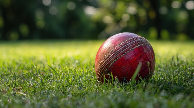 A red cricket ball on a grassy field with a blurred background.