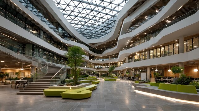 Modern, open-plan office atrium with curved walls, glass, and greenery - Powered by Adobe