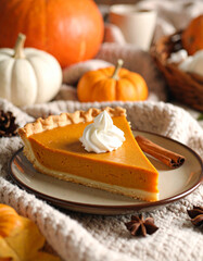 Pumpkin Pie, Whipped Cream, and Cinnamon on a Cozy Blanket