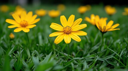 Obraz premium Morning Light on Yellow Cosmos: Selective Focus Bloom Against Dark Green Grass with Soft Bokeh Foreground and Natural Luminance