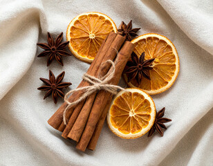 Bundle of Cinnamon Sticks, Star Anise, and Dried Orange Slices Tied with Twine
