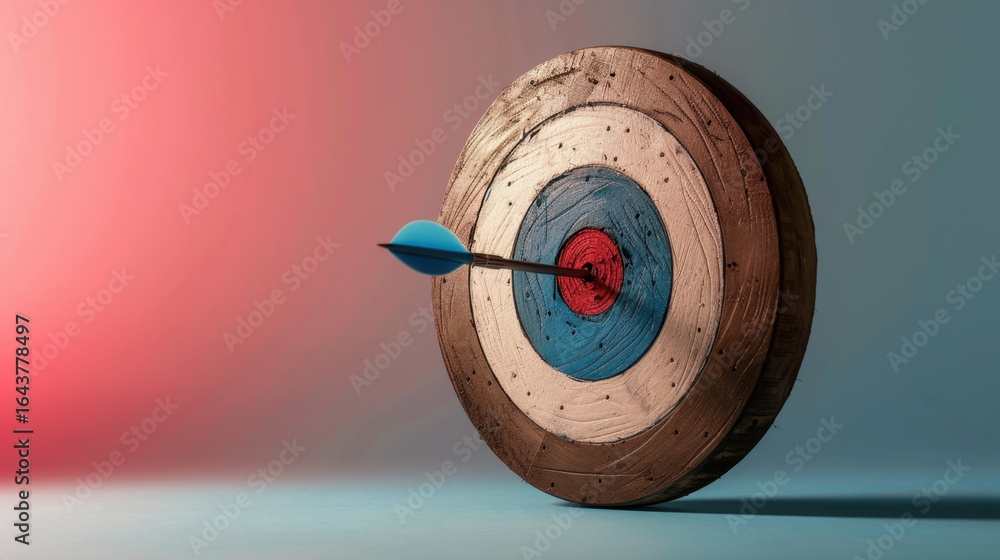 Poster vibrant abstract target design featuring wooden dartboard with blue and red bullseye, complemented b