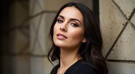 Elegant Young Woman with Long Dark Hair Posing Against Textured Stone Wall