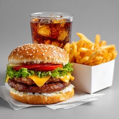 Burger french fries and cola on light background