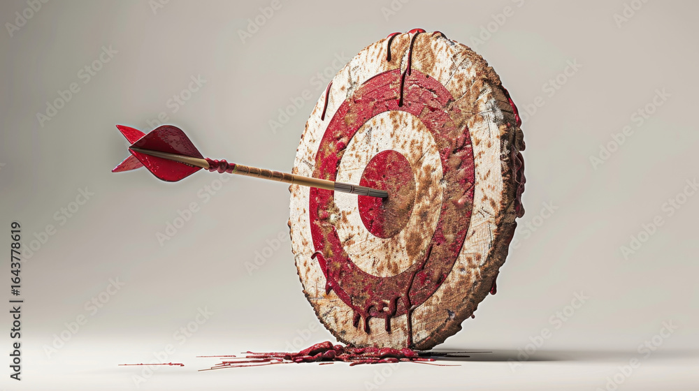 Poster striking abstract target design featuring wooden target with red and white bullseye, arrow embedded 