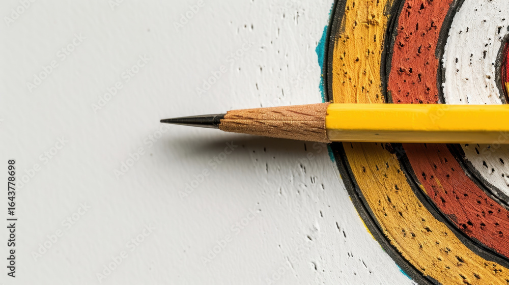 Poster close up view of sharpened yellow pencil resting on colorful abstract target design on clean white b