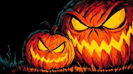Spooky halloween ghostly mystery angry jack-o-lanterns glowing in the dark pumpkins in a haunting atmosphere
