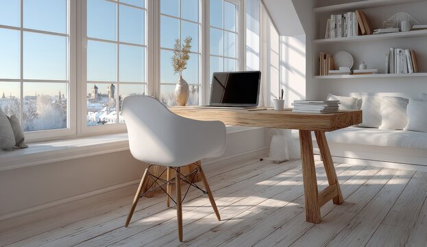 Elegant and Functional Minimalist Office Corner Featuring a Stylish Wooden Desk and Contemporary White Chair for a Productive Work Environment
