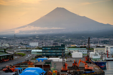 Japan industrial factory area with Fuji mountain and blue sky background view from Fishing port,...