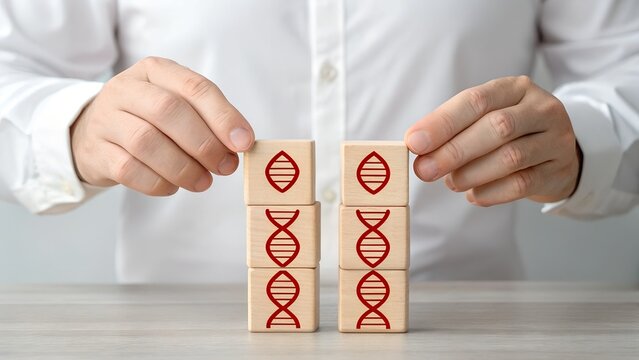 Genetic Structure Assembly – DNA Helix, Biotechnology, Medical Research, Abstract, Conceptual, Wooden Blocks, Human Hands