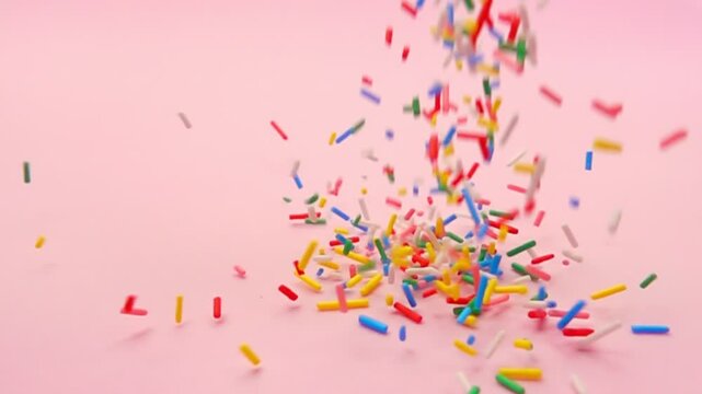 rainbow colored sprinkles falling gently against vivid pink canvas, providing delightful and colorful visual effect, super slow motion