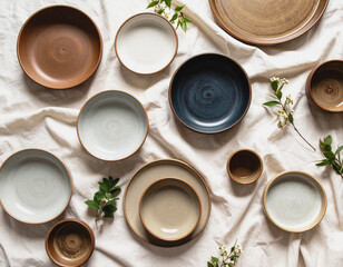 Handcrafted Ceramic Dishes in Natural Glaze from Top-Down View