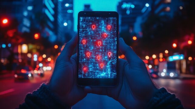 Urban Exploration with Smartphone Map and Location Markers at Night - Powered by Adobe
