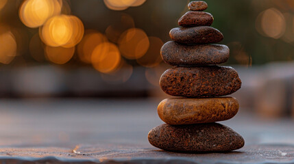 Obraz premium Balanced rock stacks create serene and calming atmosphere, showcasing smooth stones arranged in professional business style. warm bokeh background enhances tranquil feeling