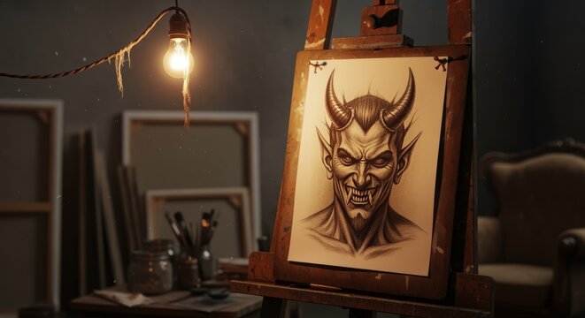 Illustration of Horned Devil on Artist Easel in Dark Studio with Light Bulb