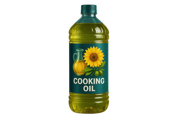 Cooking oil in a clear plastic bottle with label featuring sunflower and olives, isolated on transparent background