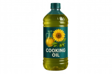Cooking oil in a clear plastic bottle with label featuring sunflower and olives, isolated on transparent background