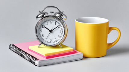 Alarm clock, notebook, sticky note, and yellow mug on gray background create cheerful time management and productivity workspace scene