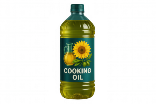 Cooking oil in a clear plastic bottle with label featuring sunflower and olives, isolated on transparent background