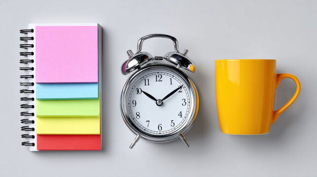 Colorful sticky notes, spiral notebook, classic alarm clock, and yellow mug on gray background, concept of time management and productivity - Powered by Adobe