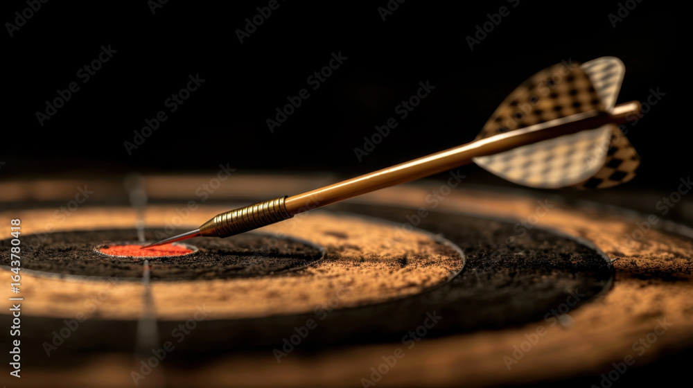 Poster close up view of dart embedded center of dartboard, showcasing precision and focus required game. da