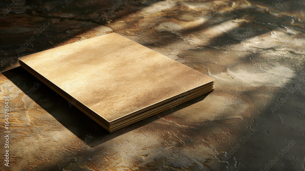 Poster golden sheets of paper stacked on textured surface, illuminated by soft light, create elegant and so