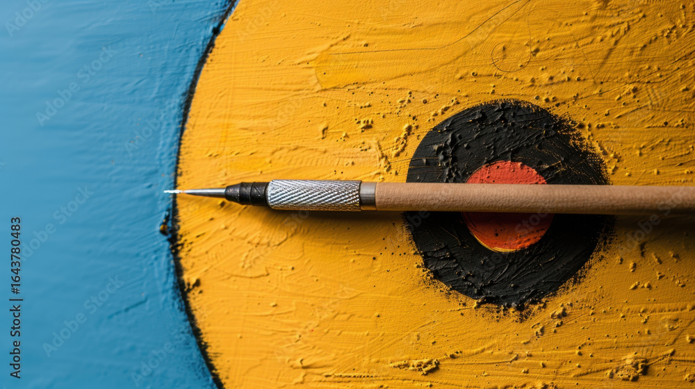 Poster vibrant colors create striking contrast in this close up image of paintbrush resting on textured sur