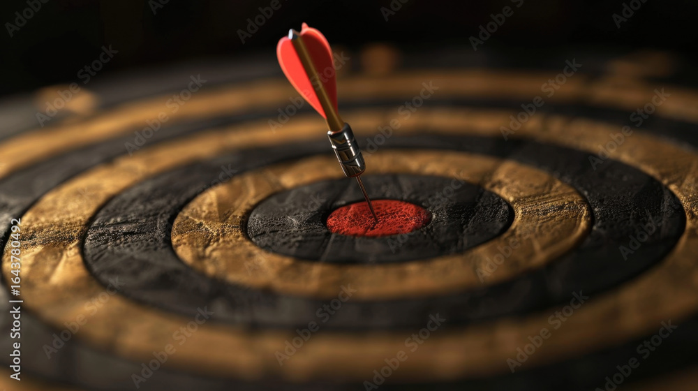 Poster dart is perfectly positioned in center of dartboard, showcasing clean and minimalist design. focus o