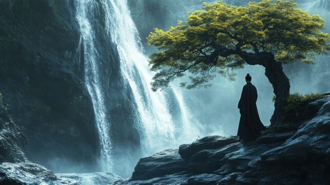 man standing cliff overlooking waterfall magical tree inspiring zen woman black robes place still offset