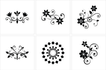 Floral elements in black color are arranged in six squares on white background